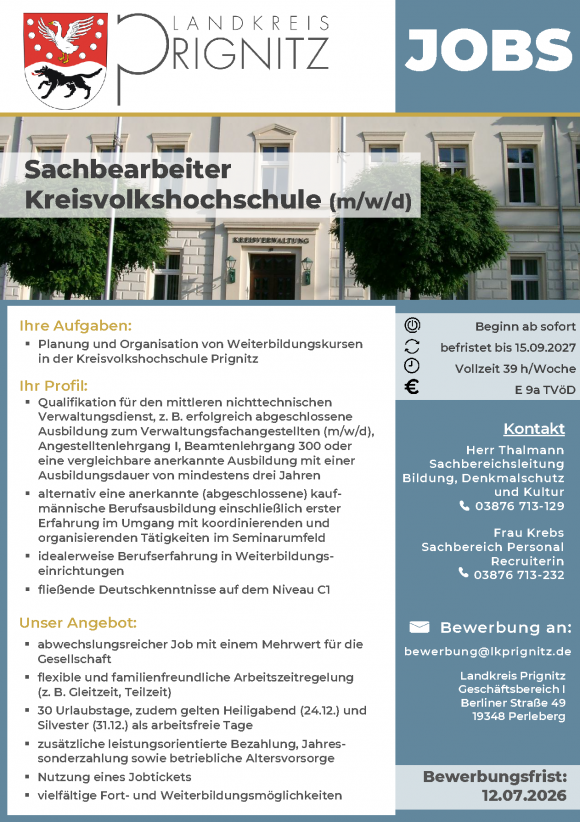 Sachbearbeiter  Kreisvolkshochschule (m/w/d) - befristet bis 15.09.2027 - Seite 1